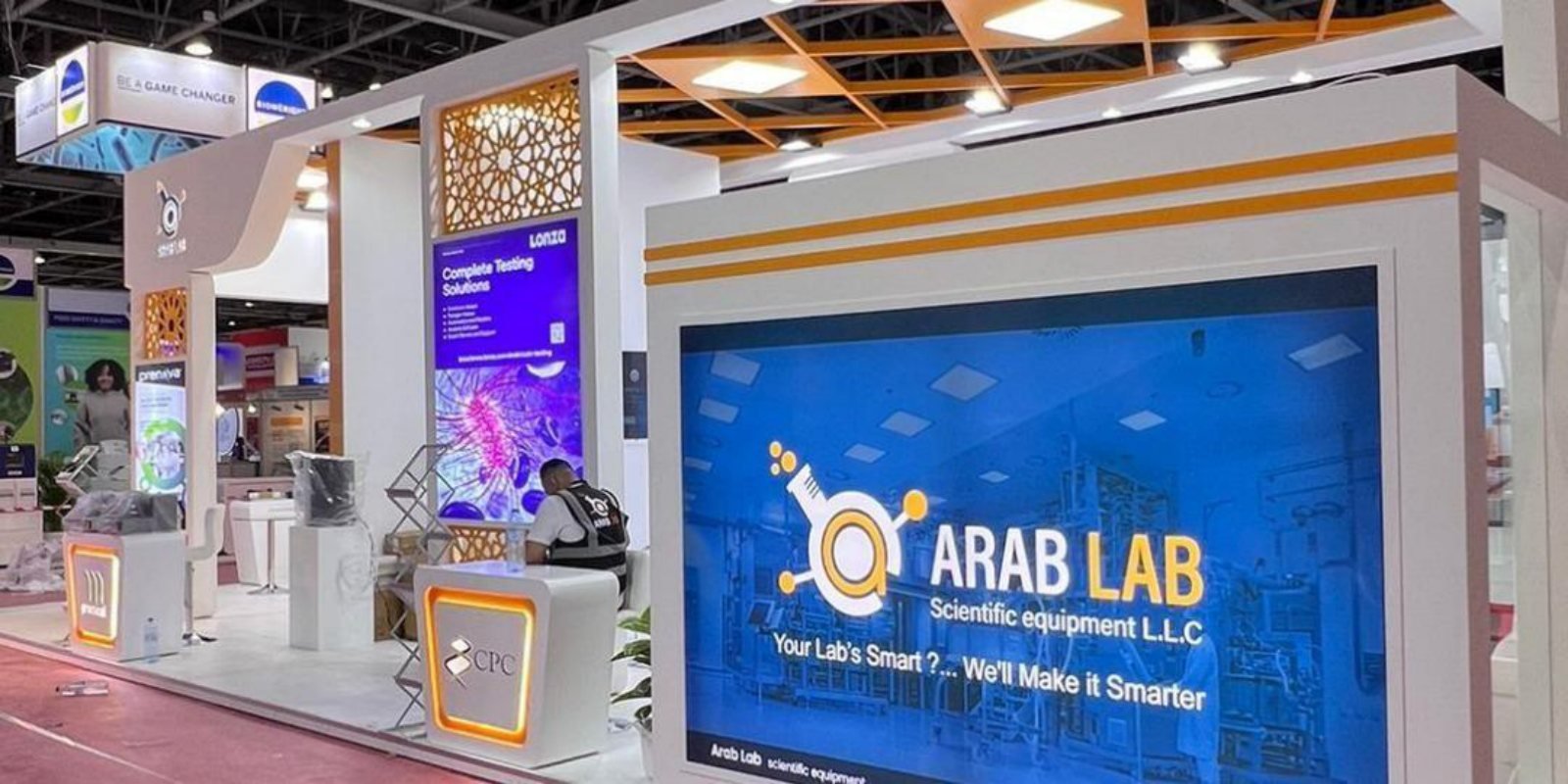 Arab Lab Scientific Equipment exhibition stand by Story Design with a large LED screen