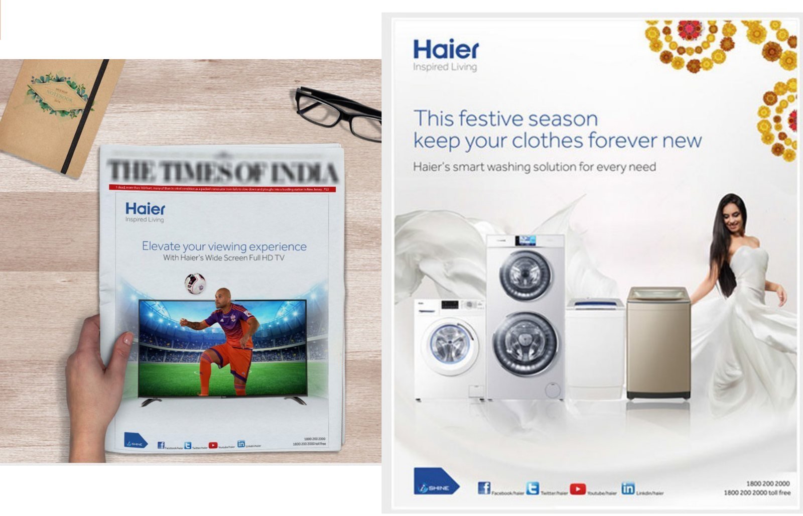 Haier India newspaper ads by Story Design, including a festive washing machine ad and a Times of India TV ad
