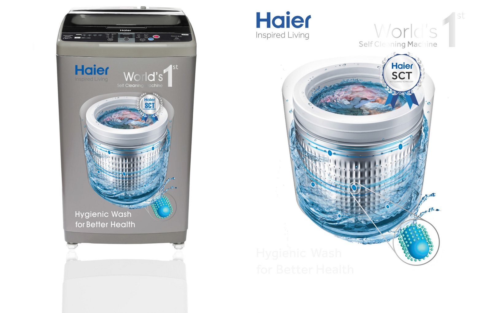 Haier washing machine body graphics by Story Design: Hygienic wash for better health, World's first self-cleaning machine