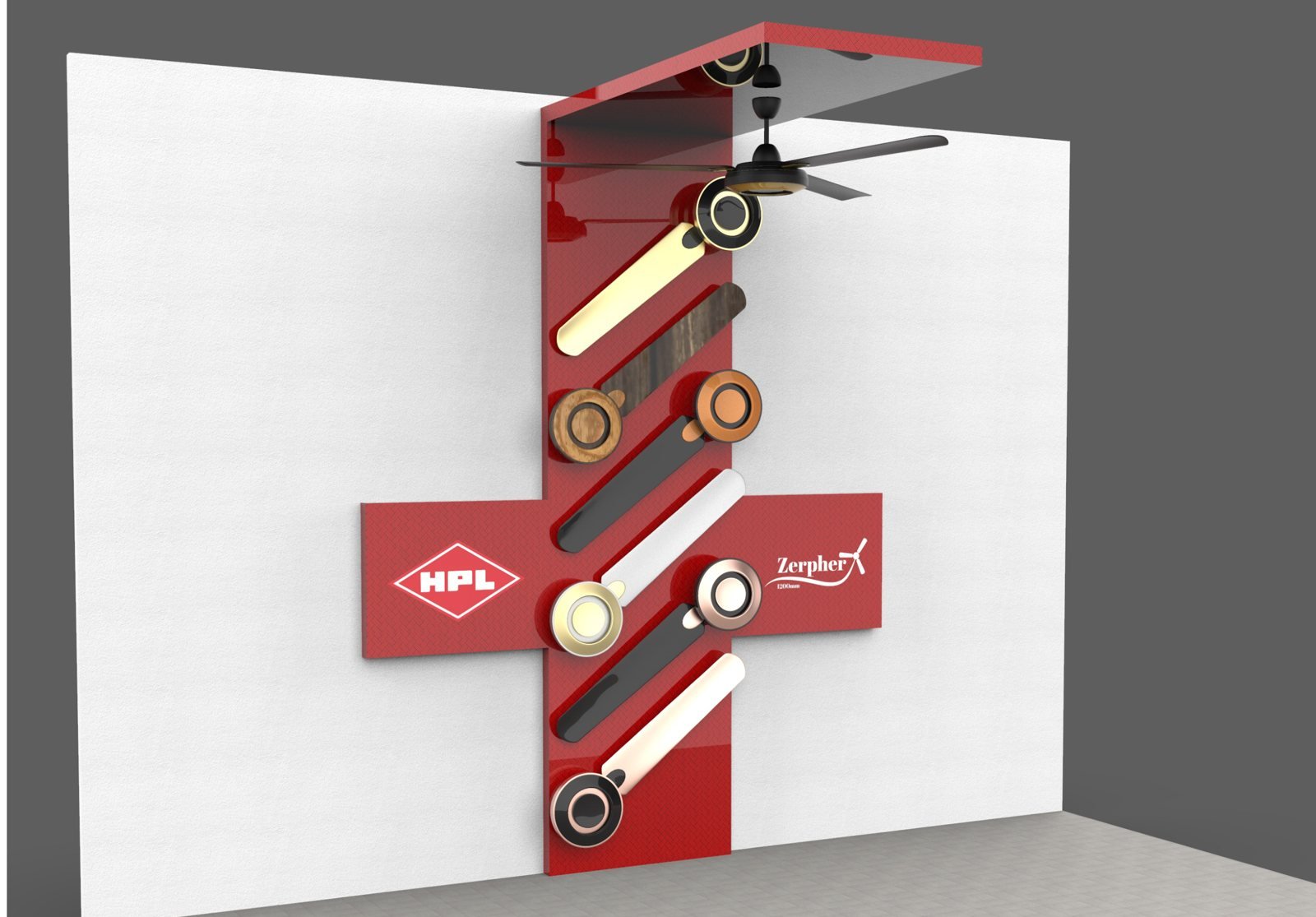 Front view of the HPL Zerpher wall display unit by Story Design