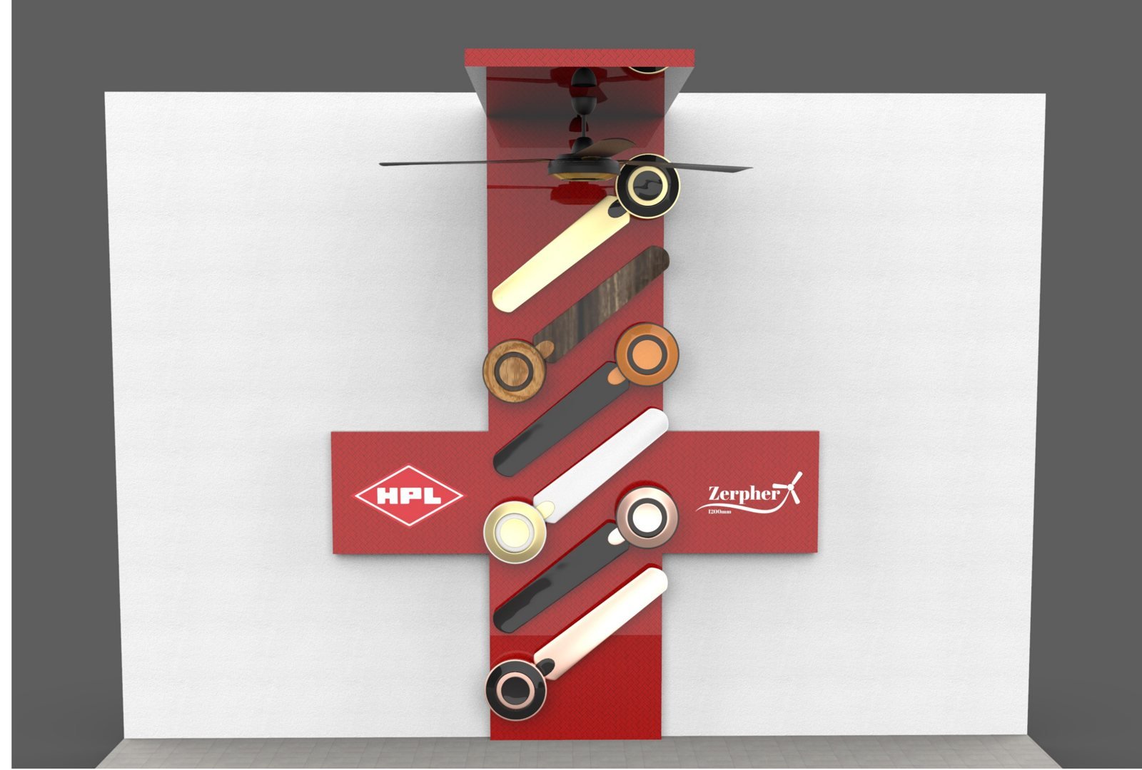 HPL Zerpher wall display unit by Story Design holding a working ceiling fan