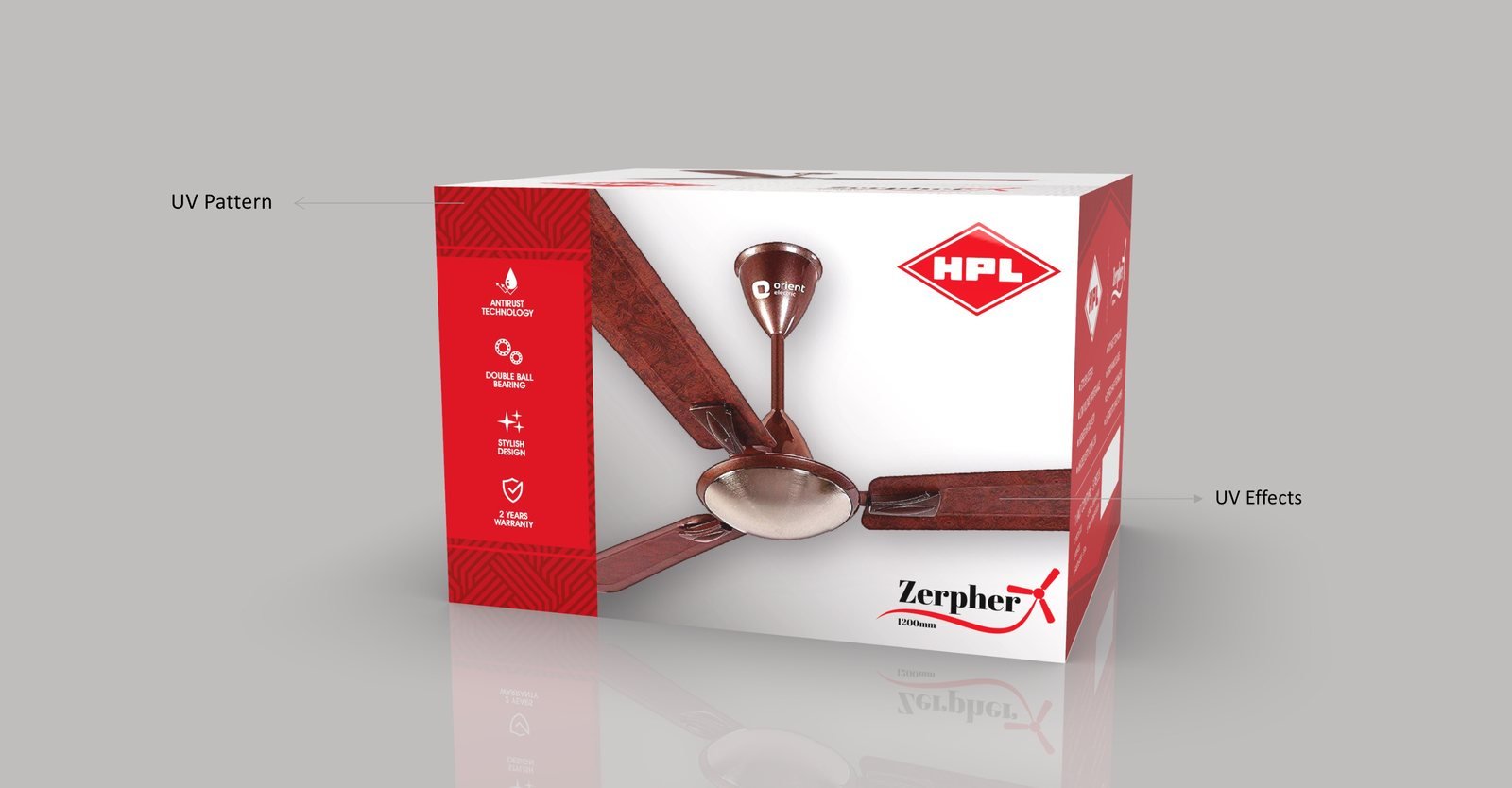 HPL Zerpher ceiling fan packaging by Story Design