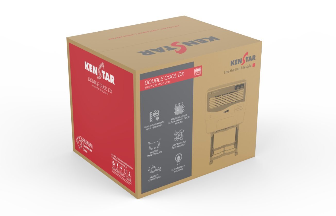 Kenstar Double Cool DX window cooler carton by Story Design, red and grey panels on kraft board