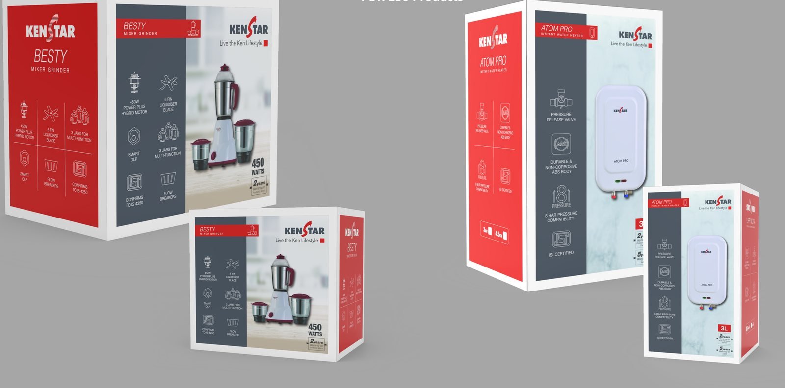 Kenstar packaging brand language by Story Design: red and white packs for mixer grinders and water heaters
