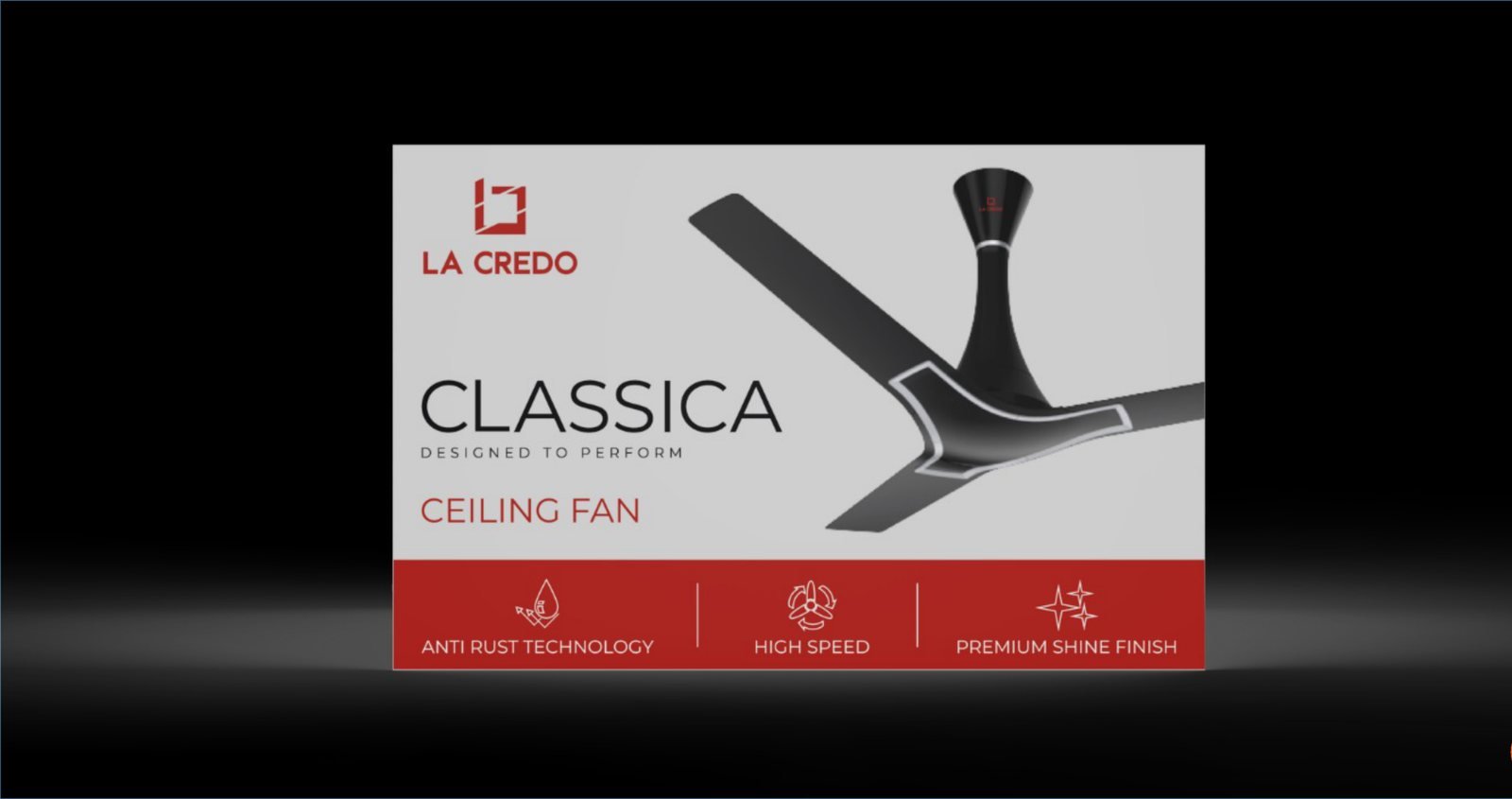 La Credo Classica ceiling fan box by Story Design with the La Credo logo top left