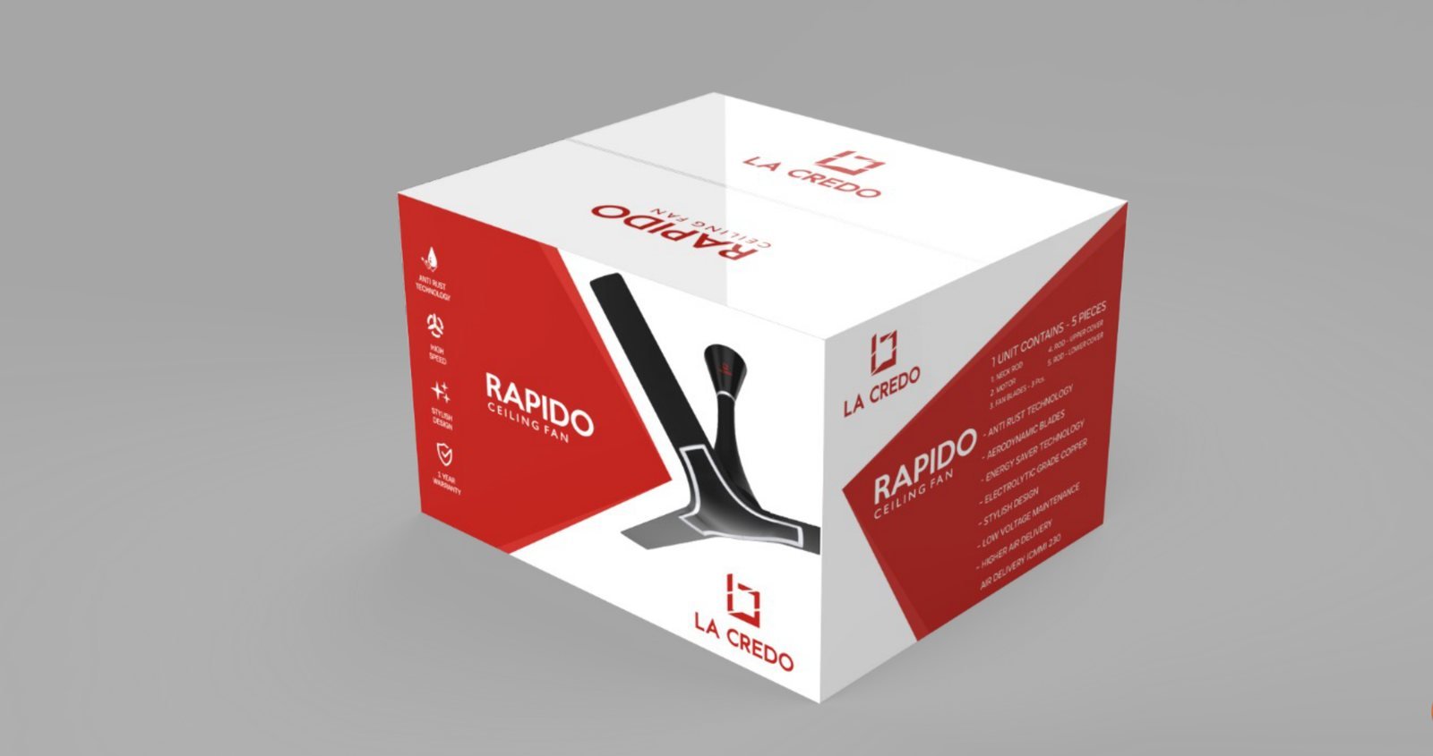 La Credo Rapido ceiling fan box by Story Design with red diagonal panels