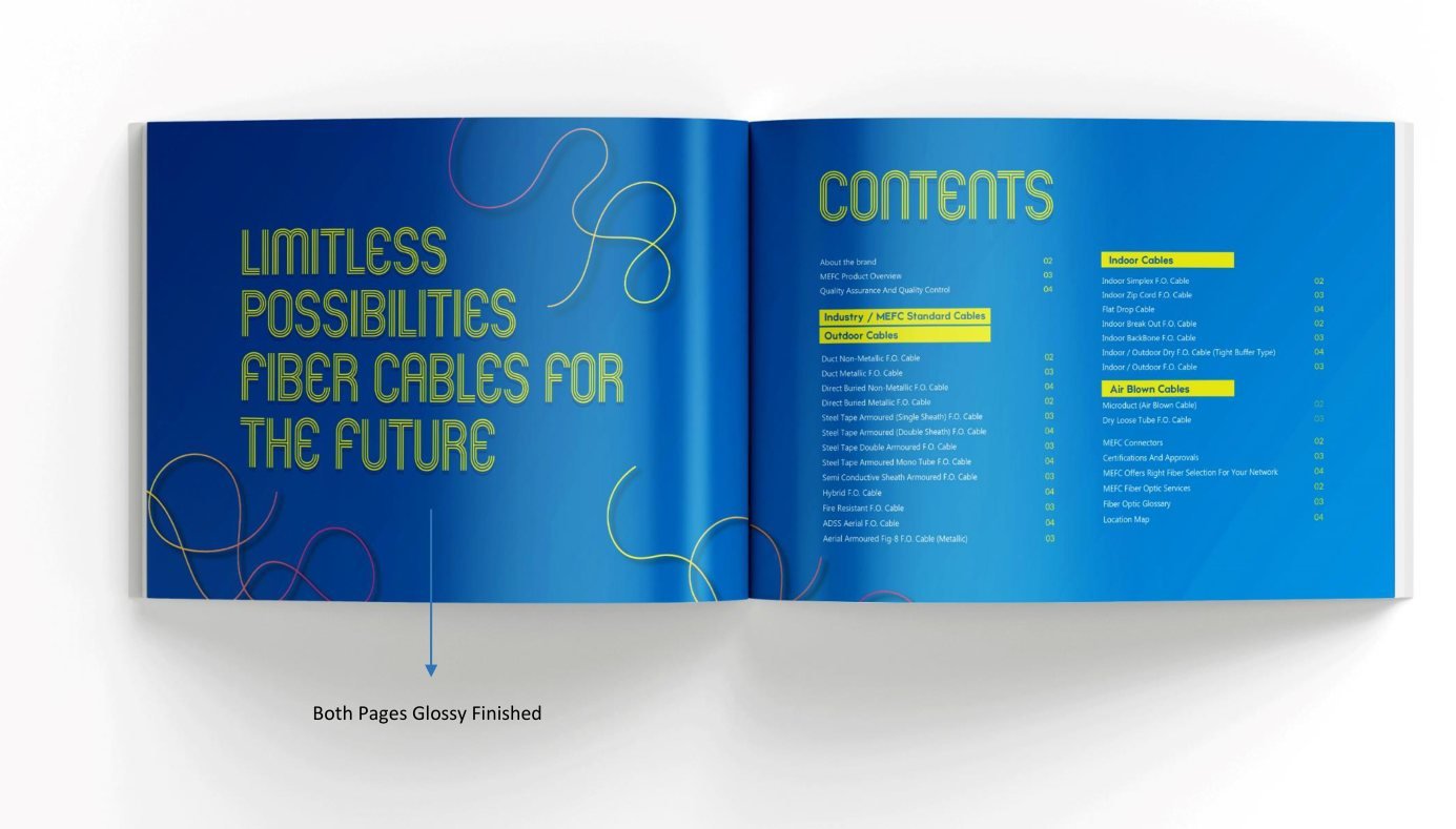 MEFC brochure contents spread by Story Design, 'Limitless possibilities, fiber cables for the future'