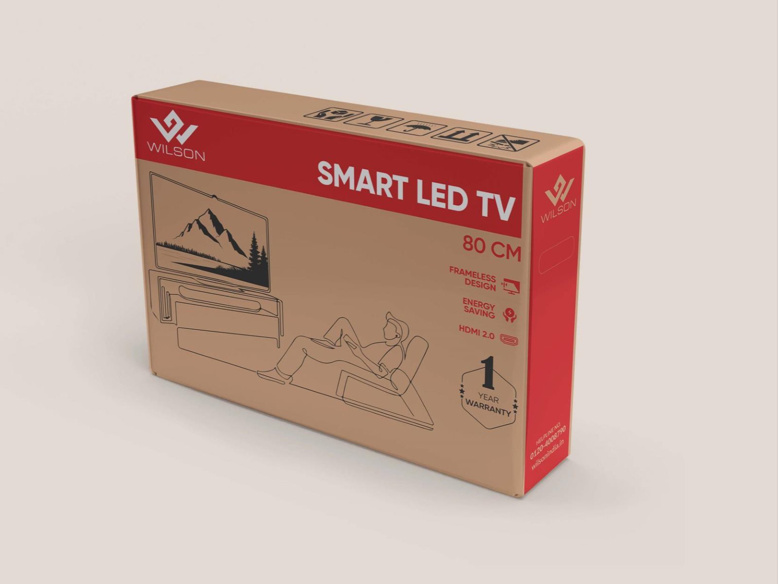 Wilson Smart LED TV carton by Story Design, red band and line illustration on kraft board